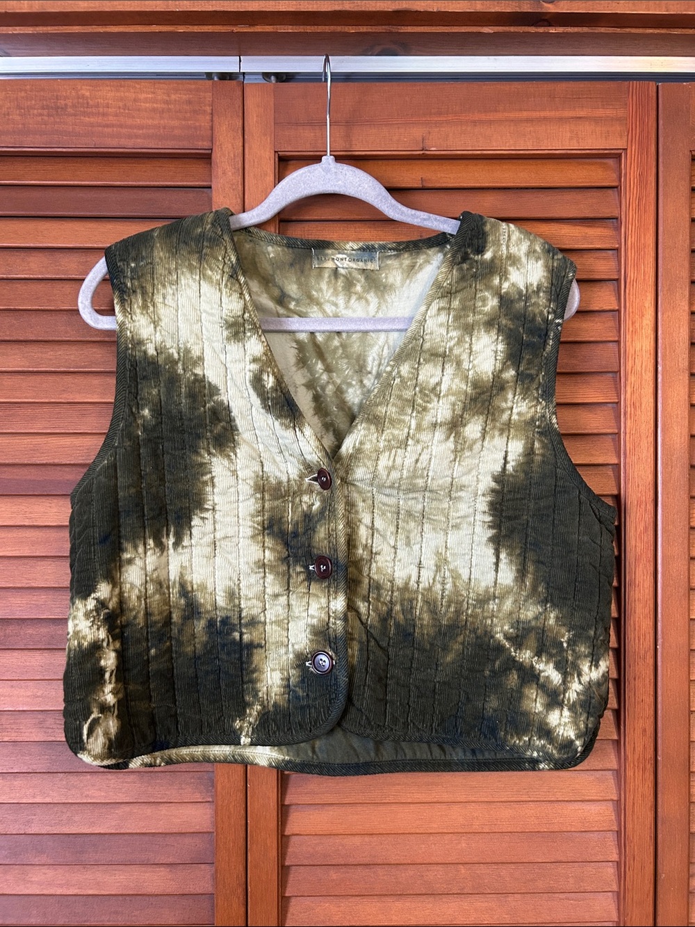 Tie-Dye Quilted Corduroy Vest in Olive Green - Button Front Medium